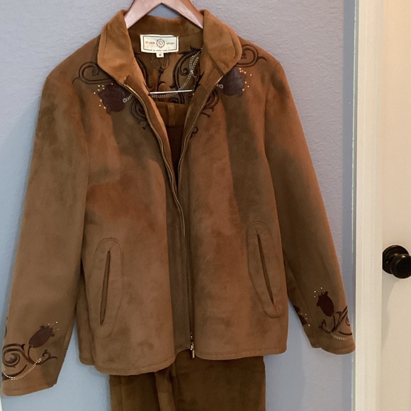 St. John Tan Suede Jacket and pants with Dark Brown Embroidery - Picture 1 of 5